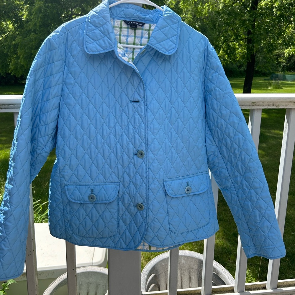 Lands' End Blue Plaid Lining Quilted Lightweight Coat Jacket Thermolite XL